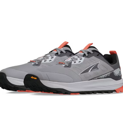 Lone Peak 9+ Wide - Women by Altra Footwear in grey with orange accents, Vibram Megagrip outsole and cushioned midsole for trail running and outdoor use