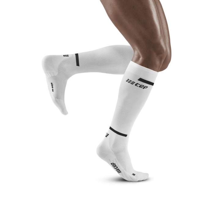 Run Compression Socks Tall - Men by CEP Sports in white with black accents, targeted compression for muscle support during running