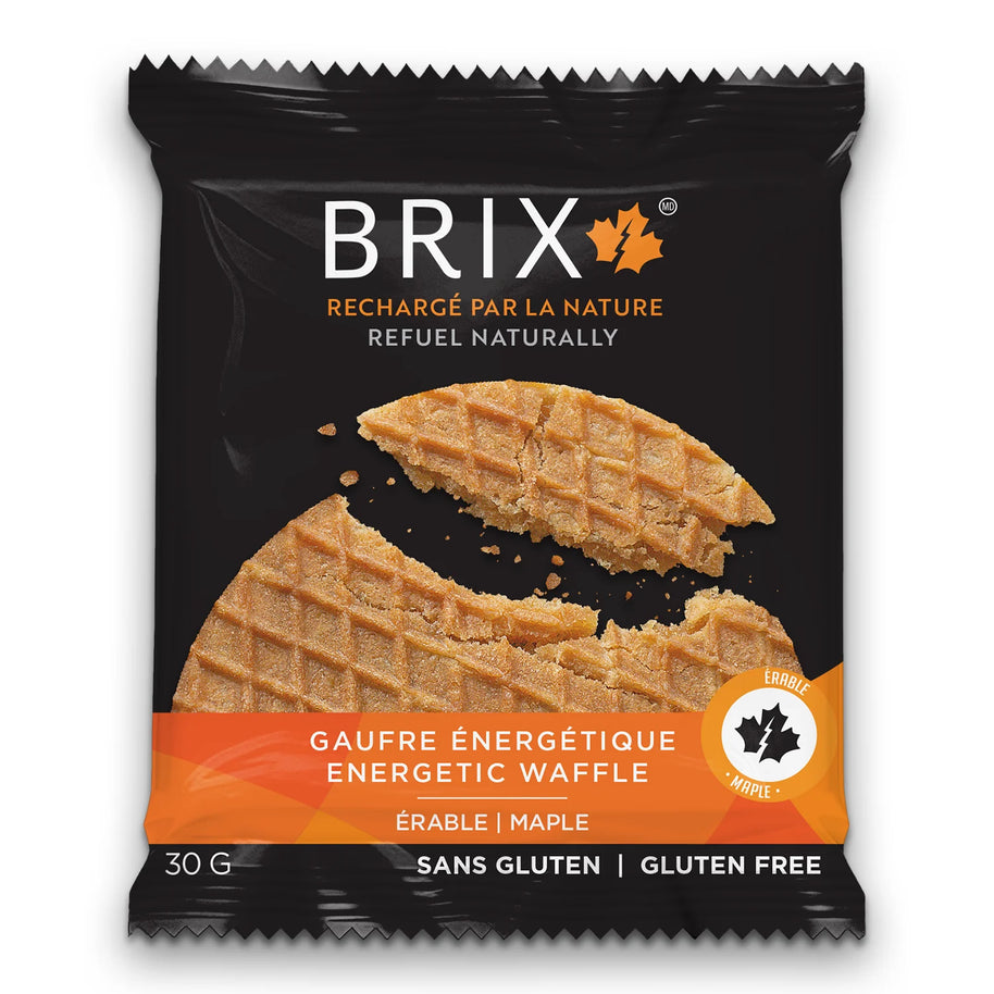 Maple Energy Waffle by Brix in orange and black packaging, gluten-free natural energy snack with maple flavor for workout fuel