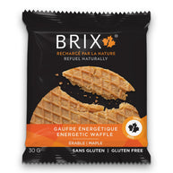 Maple Energy Waffle by Brix in orange and black packaging, gluten-free natural energy snack with maple flavor for workout fuel