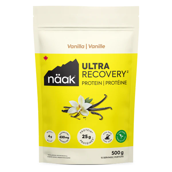 Protein Powder Vanilla by Näak in yellow and white packaging with 25g protein, BCAAs, and electrolytes for endurance recovery and muscle building