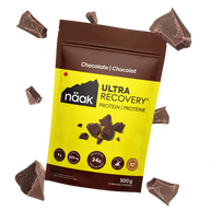 Protein Powder Chocolate by Näak in brown and yellow packaging, high-protein recovery powder with 24g protein, muscle support, rehydration, made in Canada