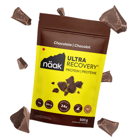Protein Powder Chocolate by Näak in brown and yellow packaging, high-protein recovery powder with 24g protein, muscle support, rehydration, made in Canada