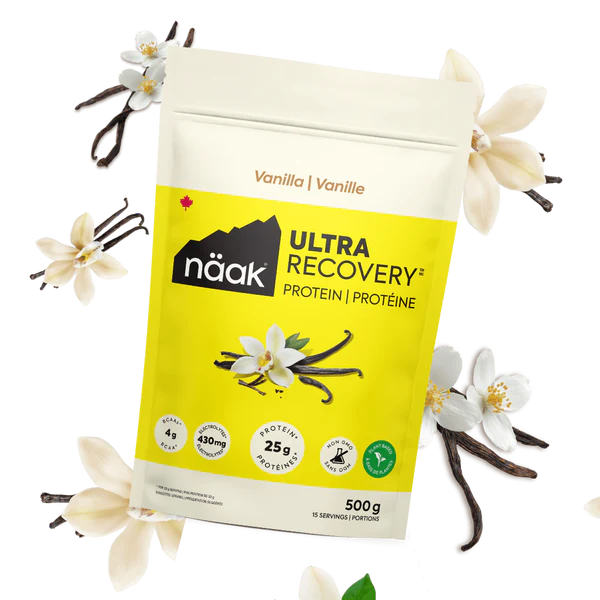 Protein Powder Vanilla by Näak in yellow and white bag, high protein 25g, vegan recovery powder for endurance athletes in Canada
