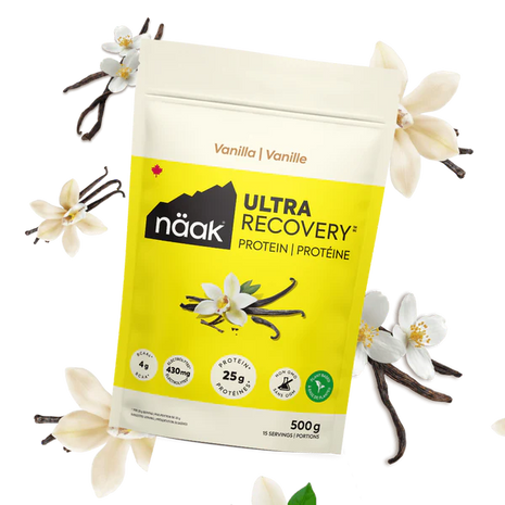 Protein Powder Vanilla by Näak in yellow and white bag, high protein 25g, vegan recovery powder for endurance athletes in Canada