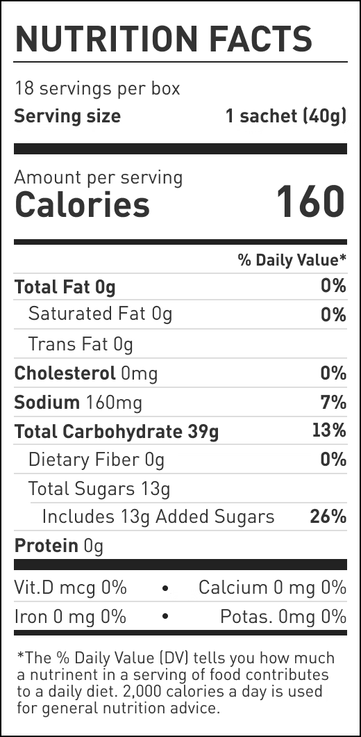 Drink Mix 160 by Maurten nutrition facts label in black and white, showing 160 calories, 39g carbs, 160mg sodium per 40g sachet for energy and hydration