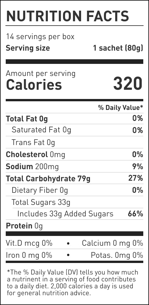 Drink Mix 320 by Maurten nutrition facts showing 320 calories per sachet with high carbohydrate content for endurance sports nutrition