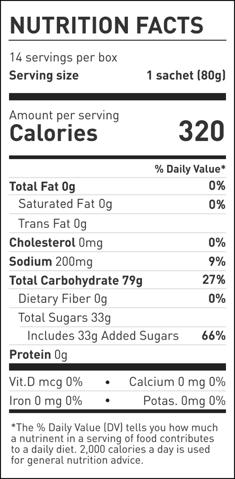 Drink Mix 320 by Maurten nutrition facts showing 320 calories per sachet with high carbohydrate content for endurance sports nutrition