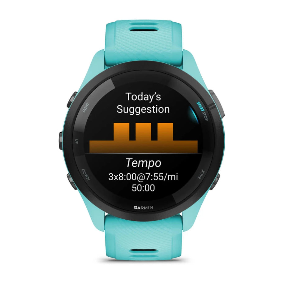 Forerunner® 265 by Garmin in turquoise with AMOLED touchscreen, GPS running smartwatch featuring training readiness for optimal running performance