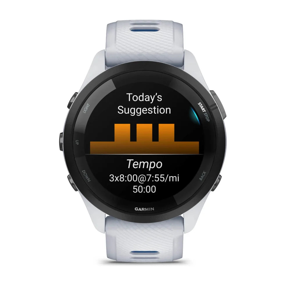 Forerunner® 265 by Garmin in white and black with colorful AMOLED touchscreen GPS running smartwatch for training readiness and running guidance