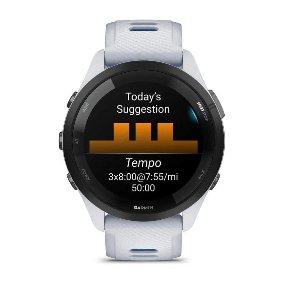 Forerunner® 265 by Garmin in white and black with colorful AMOLED touchscreen GPS running smartwatch for training readiness and running guidance
