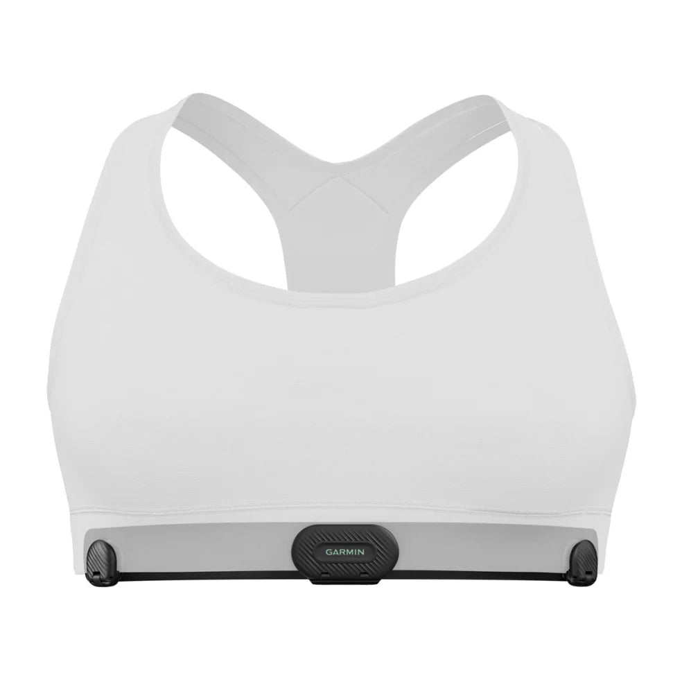 HRM-Fit by Garmin in white and grey, women’s heart rate monitor with clip-on design made for running and fitness tracking