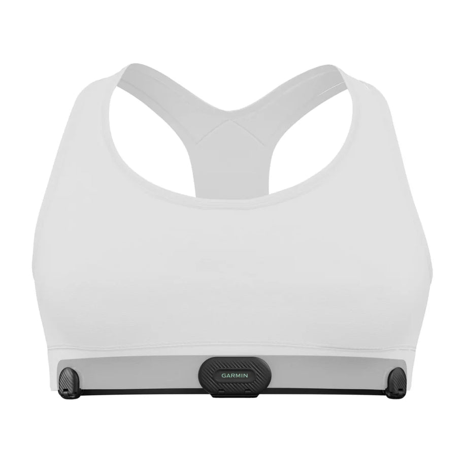 HRM-Fit by Garmin in white and grey, women’s heart rate monitor with clip-on design made for running and fitness tracking