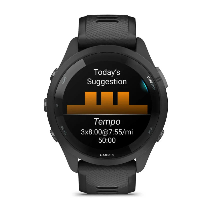 Forerunner® 265 by Garmin in black with AMOLED touchscreen GPS running smartwatch featuring training readiness and tempo workout suggestions