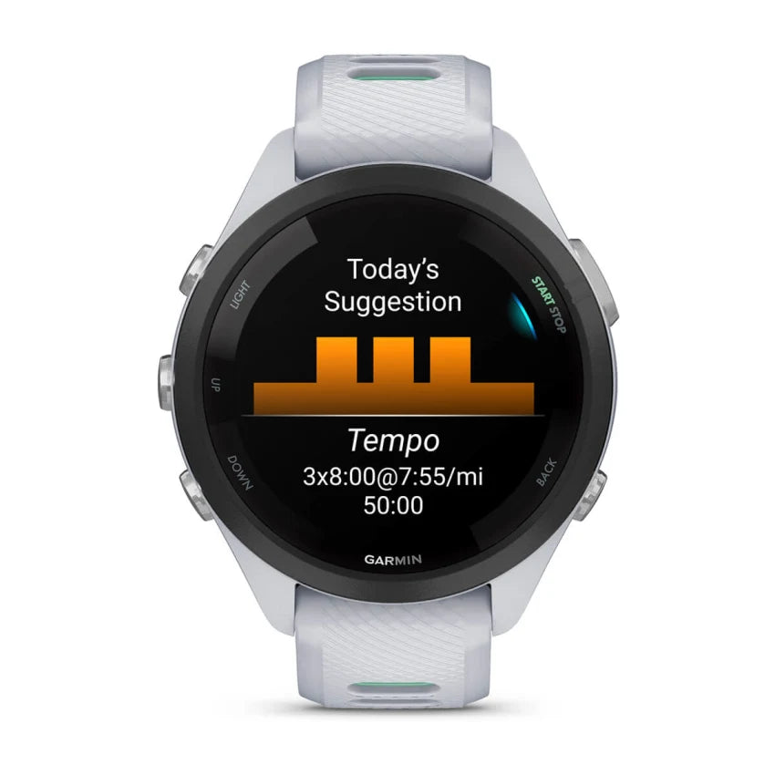 Forerunner® 265S by Garmin in white with black bezel GPS running smartwatch featuring training suggestions for running store shoppers and enthusiasts