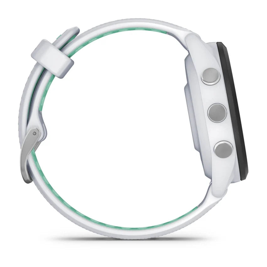 Forerunner® 265S by Garmin in white with green accents GPS running smartwatch designed for training and outdoor running use