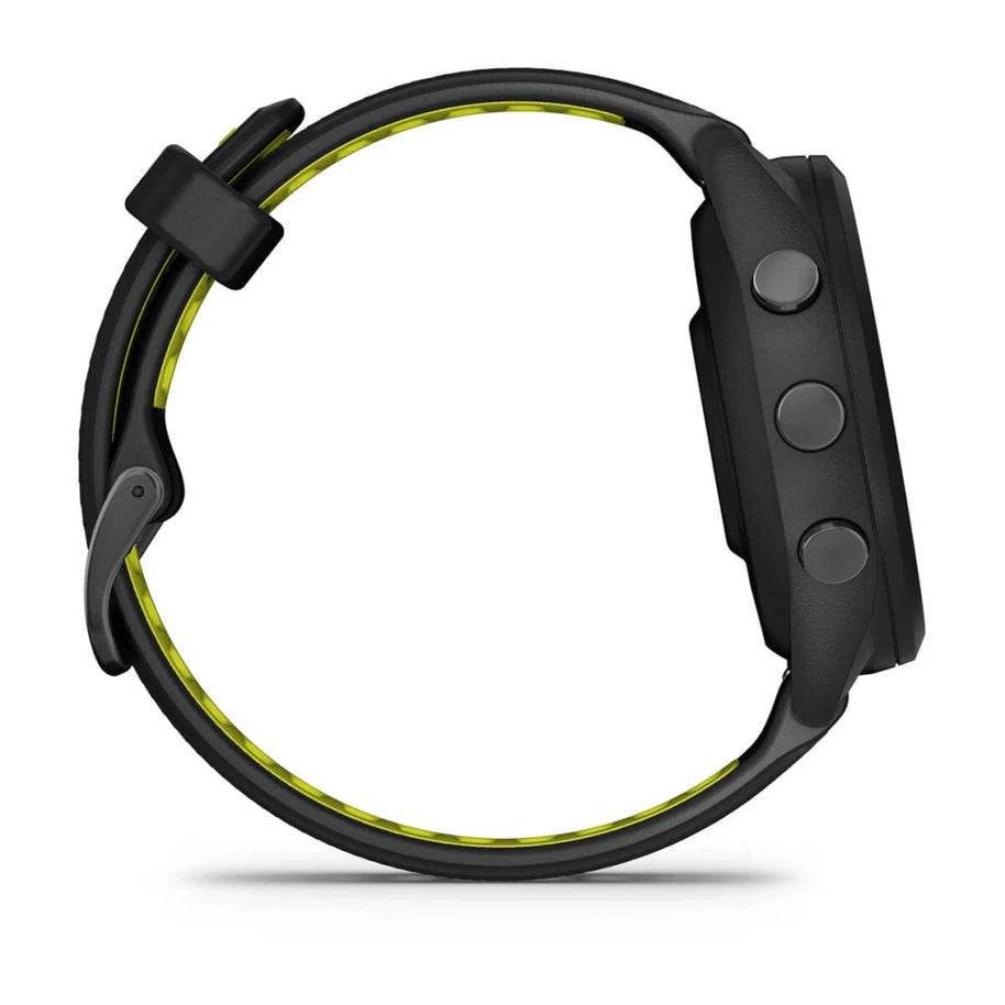 Forerunner® 265S by Garmin, black and neon yellow GPS running smartwatch with durable strap and multiple side buttons for training tracking