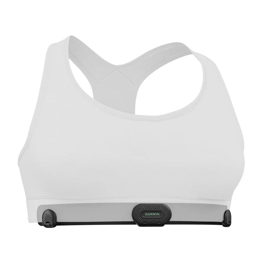 HRM-Fit by Garmin in white and black, comfortable clip-on heart rate monitor designed for women, ideal for running and fitness tracking