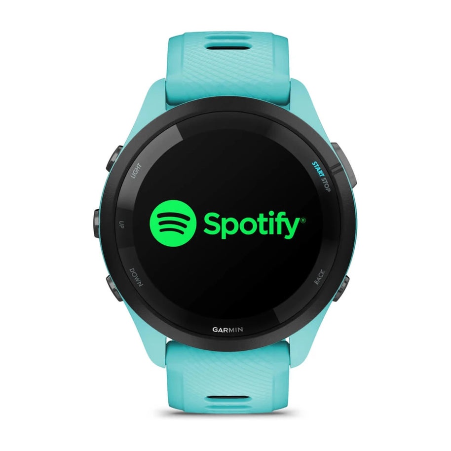 Forerunner® 265 by Garmin in turquoise with AMOLED touchscreen, GPS running smartwatch featuring training readiness and Spotify control