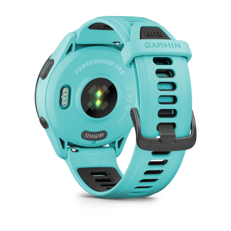 Forerunner® 265 by Garmin in turquoise with AMOLED touchscreen, GPS running smartwatch featuring training readiness, ideal for runners