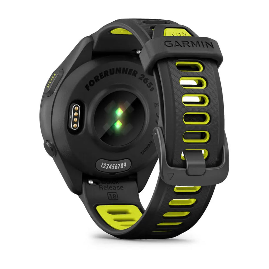 Forerunner® 265S by Garmin in black and neon yellow, GPS running smartwatch with advanced training features ideal for runners and fitness enthusiasts
