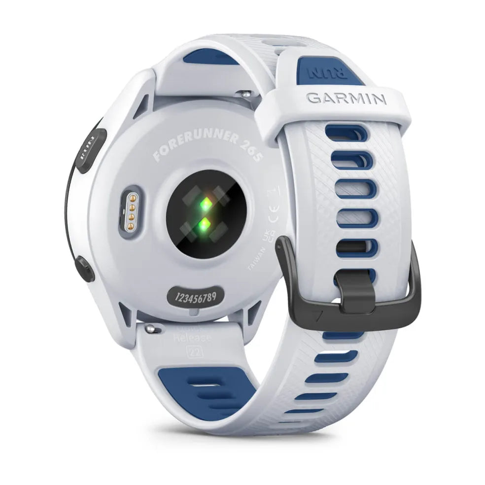 Forerunner® 265 by Garmin in white and blue with AMOLED touchscreen, GPS running smartwatch with training readiness feature for runners