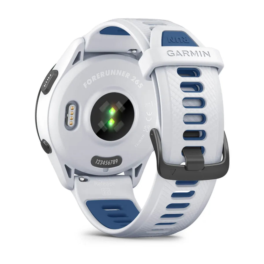 Forerunner® 265 by Garmin in white and blue with AMOLED touchscreen, GPS running smartwatch with training readiness feature for runners