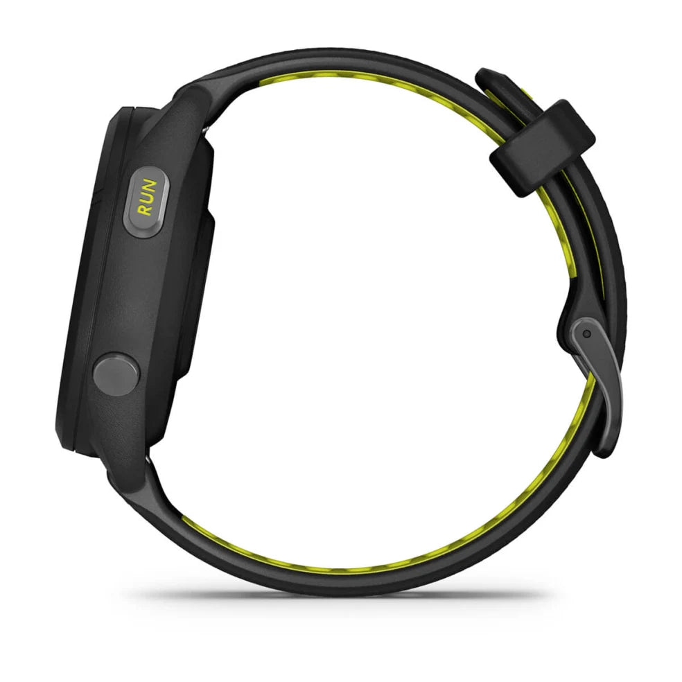 Forerunner® 265S by Garmin in black with neon yellow accents, GPS running smartwatch designed for training and performance tracking