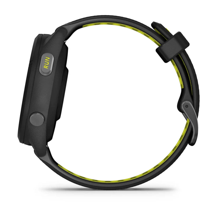 Forerunner® 265S by Garmin in black with neon yellow accents, GPS running smartwatch designed for training and performance tracking