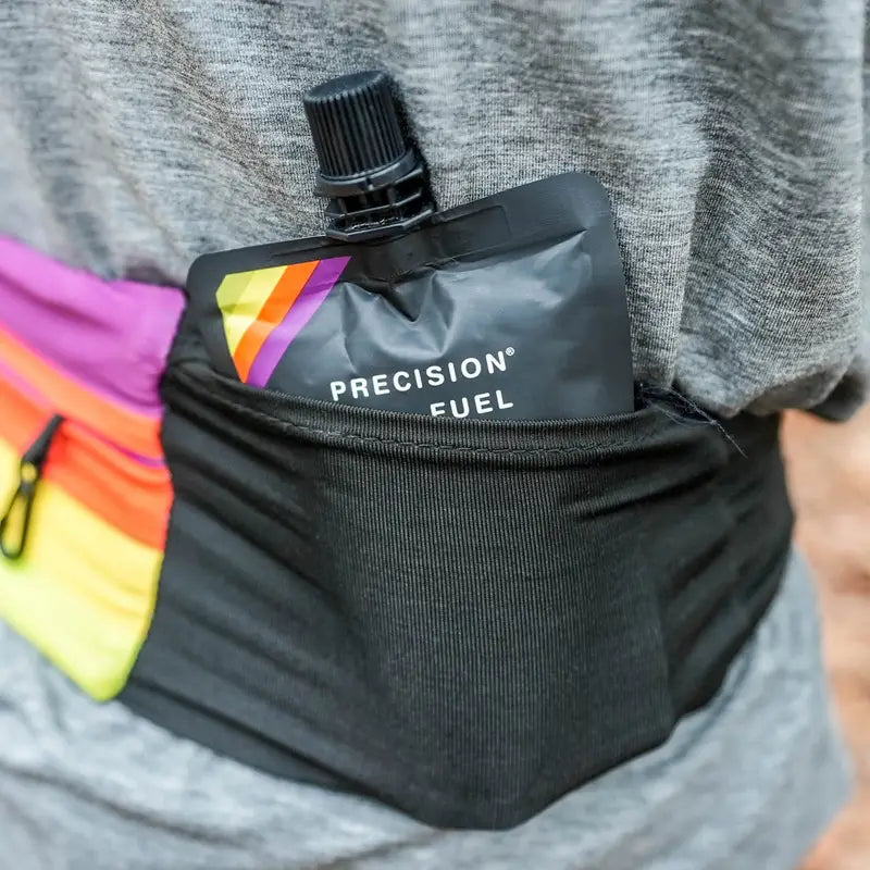 PF Gel by Precision Fuel in black pouch with citrus flavor, 30g carbohydrate gel for fast energy during running and outdoor activities