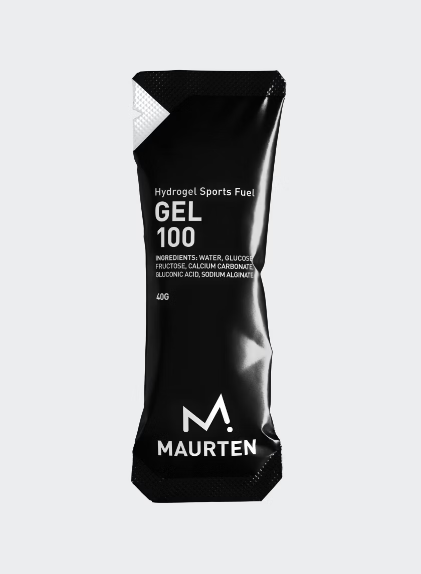 Gel 100 by Maurten in black packaging, hydrogel sports fuel with six natural ingredients, 40g serving for endurance running nutrition.