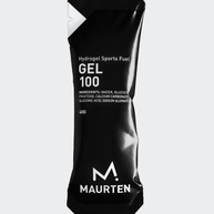 Gel 100 by Maurten in black packaging, hydrogel sports fuel with six natural ingredients, 40g serving for endurance running nutrition.