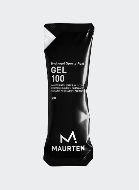 Gel 100 by Maurten in black packaging, hydrogel sports fuel with six natural ingredients, 40g serving for endurance running nutrition.