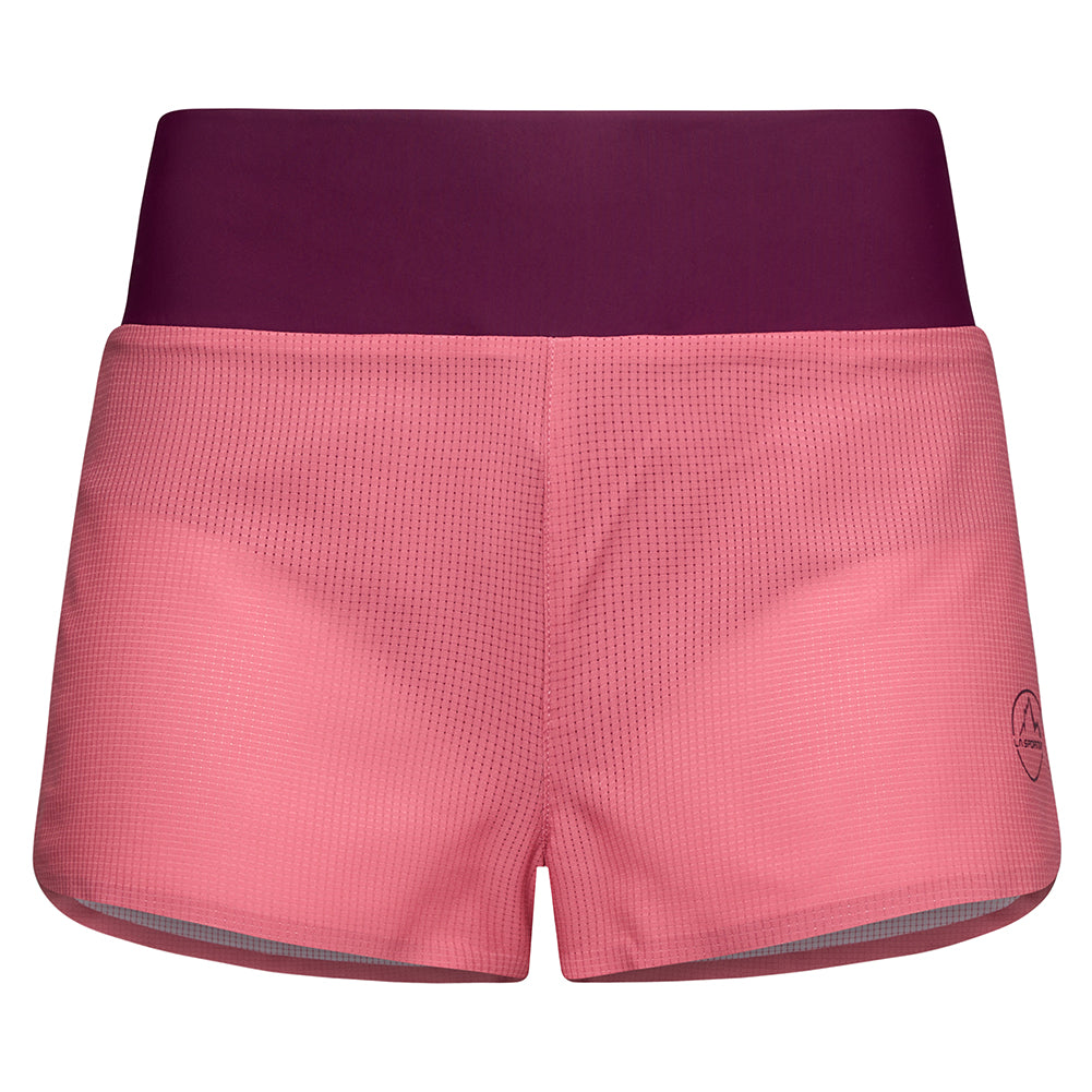 Freccia Short - Women by La Sportiva in pink with purple waistband, lightweight breathable running shorts with flatlock seams and mesh pocket