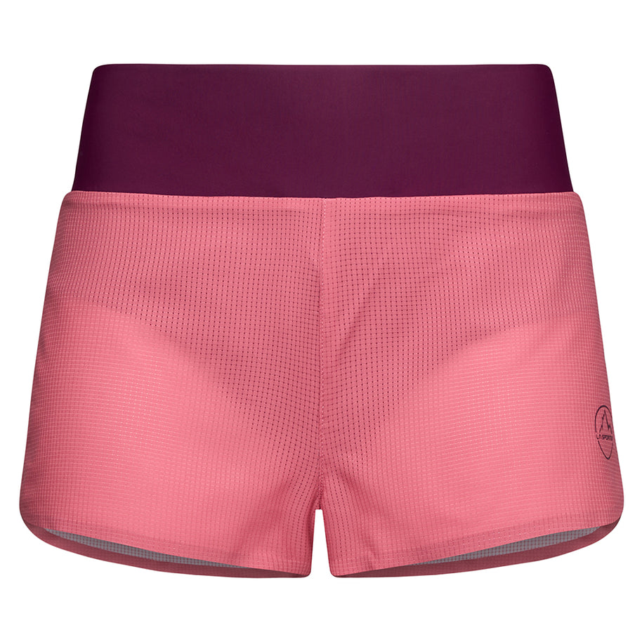 Freccia Short - Women by La Sportiva in pink with purple waistband, lightweight breathable running shorts with flatlock seams and mesh pocket