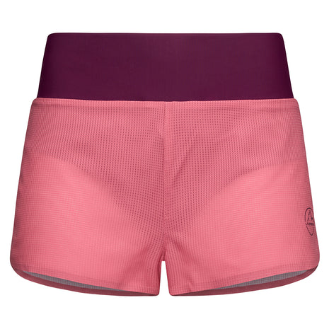 Freccia Short - Women by La Sportiva in pink with purple waistband, lightweight breathable running shorts with flatlock seams and mesh pocket
