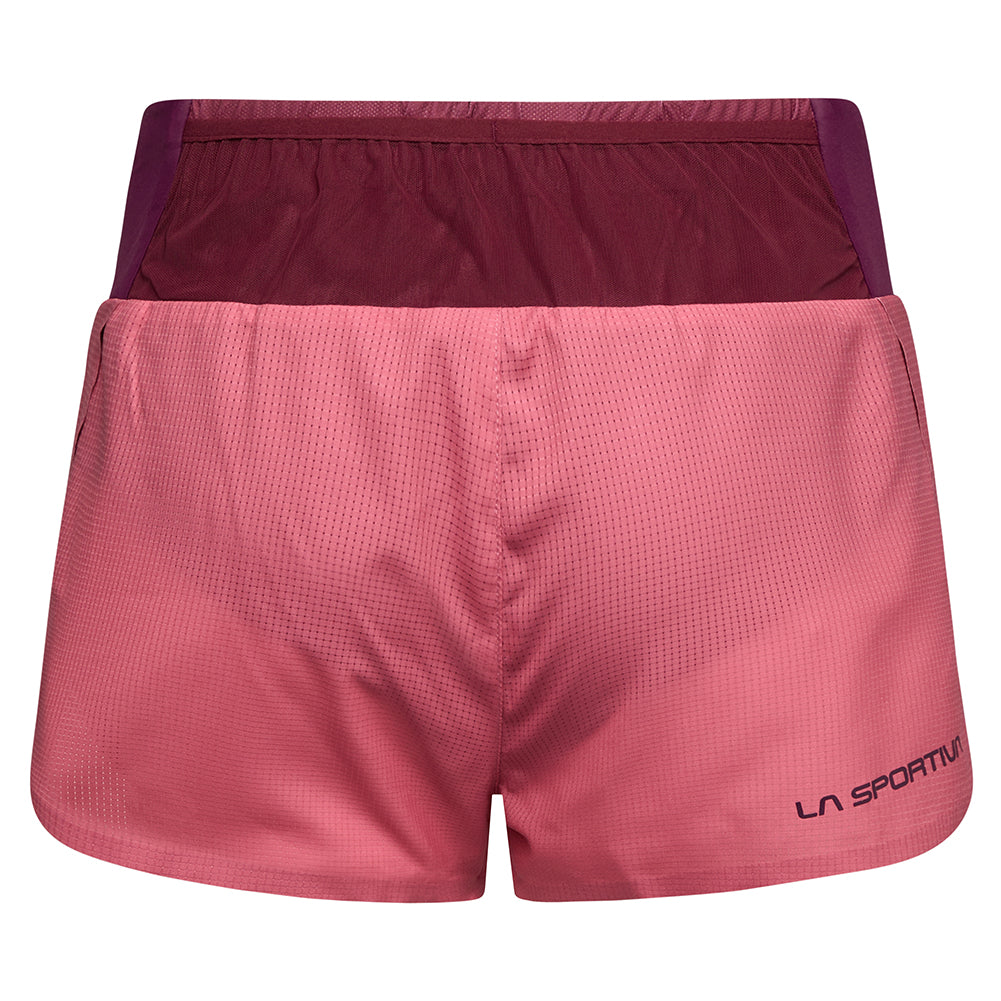 Freccia Short - Women by La Sportiva in pink and burgundy, lightweight breathable running shorts with elastic waistband and mesh pocket for race day use