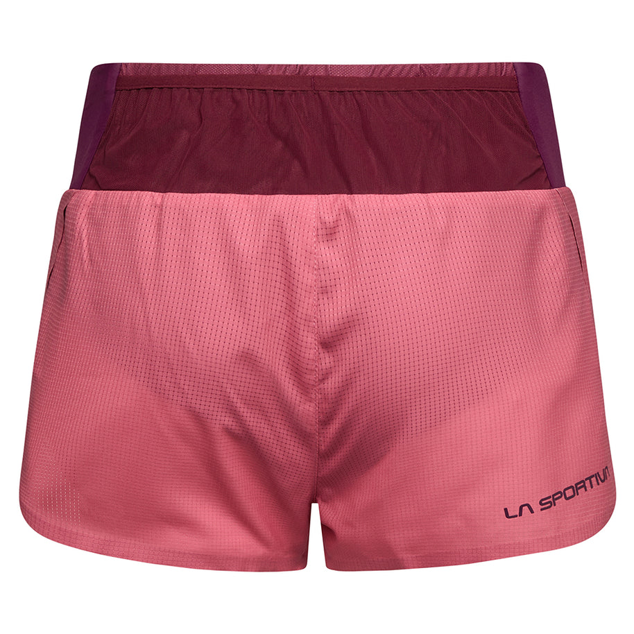 Freccia Short - Women by La Sportiva in pink and burgundy, lightweight breathable running shorts with elastic waistband and mesh pocket for race day use