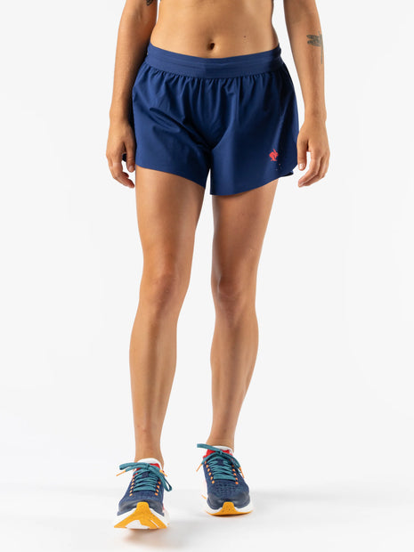 Fuel 'N Fly 4 - Women by Rabbit in navy blue running shorts with five pockets including back zip, designed for long-distance running