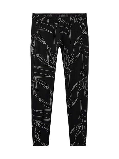 Rabbit Low Light Pocket Tightz men's running tights in Black Reflective, black with white leaf line print, flat view