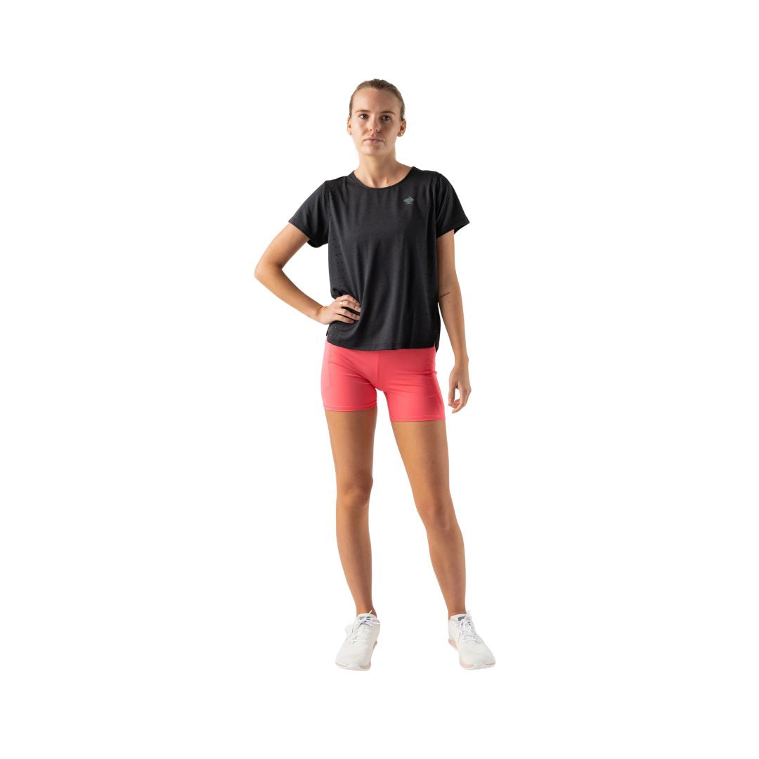 Race Pace Tee SS - Women by Rabbit in black with breathable laser-cut perforations, semi-relaxed fit for running and training comfort
