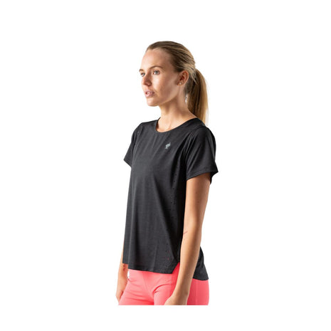 Race Pace Tee SS - Women by Rabbit in black with laser-cut perforations, breathable semi-relaxed running shirt ideal for training and racing