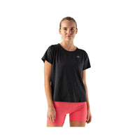Race Pace Tee SS - Women by Rabbit in black with breathable laser-cut perforations and micro-textured inside for comfortable running and training