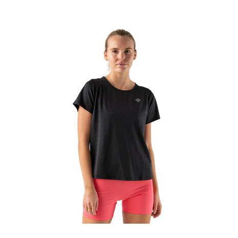 Race Pace Tee SS - Women by Rabbit in black with breathable laser-cut perforations and micro-textured inside for comfortable running and training