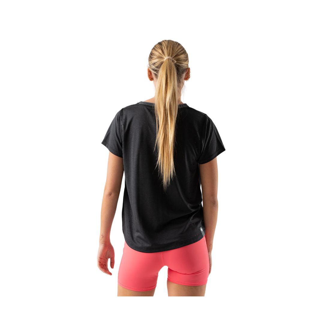 Race Pace Tee SS - Women by Rabbit in black with breathable perforations and micro-textured interior, ideal for running and training