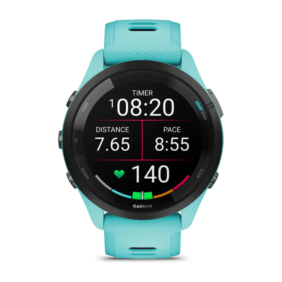 Forerunner® 265 by Garmin in turquoise with colorful AMOLED touchscreen, GPS running smartwatch with training readiness, ideal for running store buyers