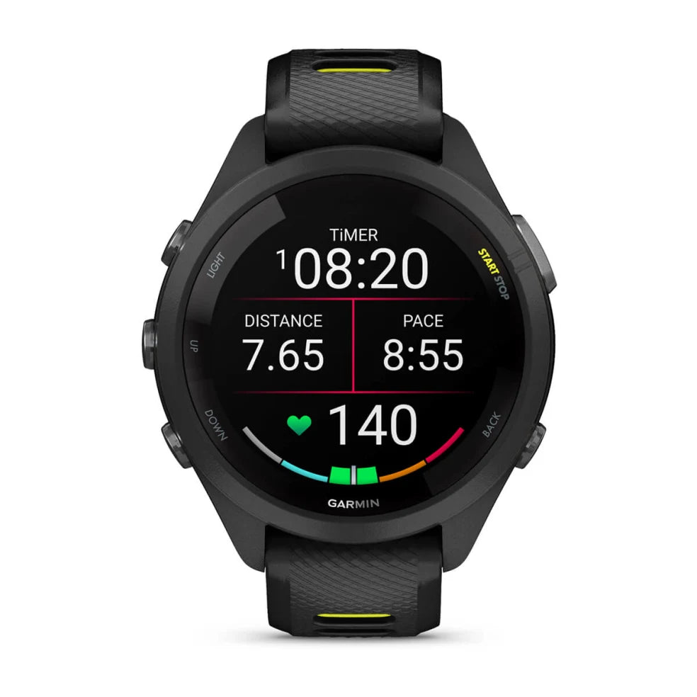 Forerunner® 265S by Garmin in black with yellow accents, GPS running smartwatch with heart rate, pace, and distance tracking for running training