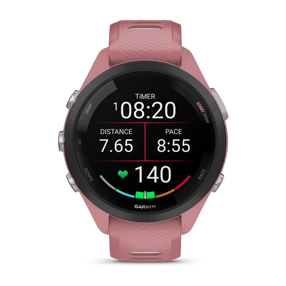 Forerunner® 265S by Garmin in rose pink, GPS running smartwatch with heart rate monitor and pace tracking for training and running.