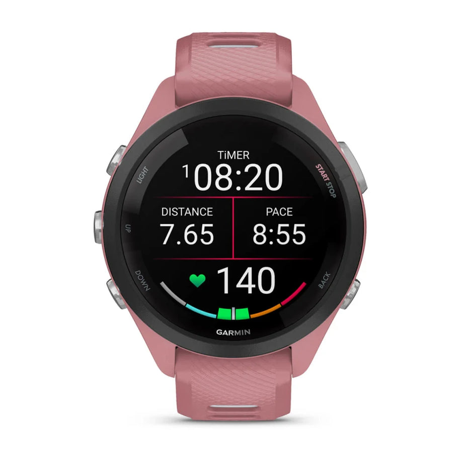 Forerunner® 265S by Garmin in rose pink, GPS running smartwatch with heart rate monitor and pace tracking for training and running.
