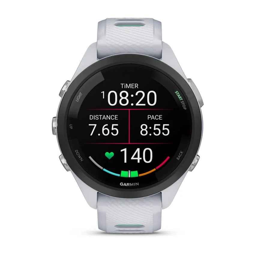 Forerunner® 265S by Garmin in white and grey GPS running smartwatch with heart rate monitor, pace tracking, and timer for running training